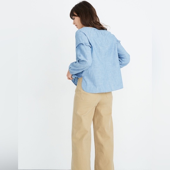 MADEWELL | Denim Collarless Ruffle-Sleeve Shirt | size 3X - Picture 2 of 11